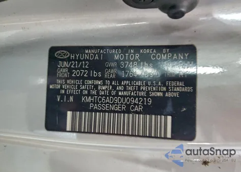 2013 Hyundai Veloster из США, поврежденный, VIN KMHTC6AD9DU094219